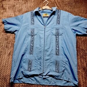 Haband Guayabera Shirt Men's L Blue Embroidered Zip Front Cuban Short Sleeve‎